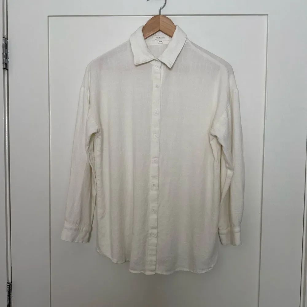 12th Tribe Shirt Women Sz S M White Linen Blend Coastal Beach Resort Minimalist